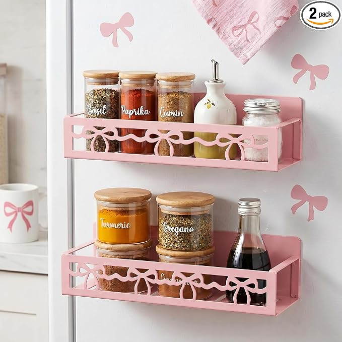 Beeveer 2 Pcs Magnetic Spice Rack for Refrigerator, Pink Bow | Magnetic, No Drilling, Pink Bow Kitchen Decor, Pink Home Accessories, 2 Sizes Metal Storage Shelf for Fridge Spices by Beeveer