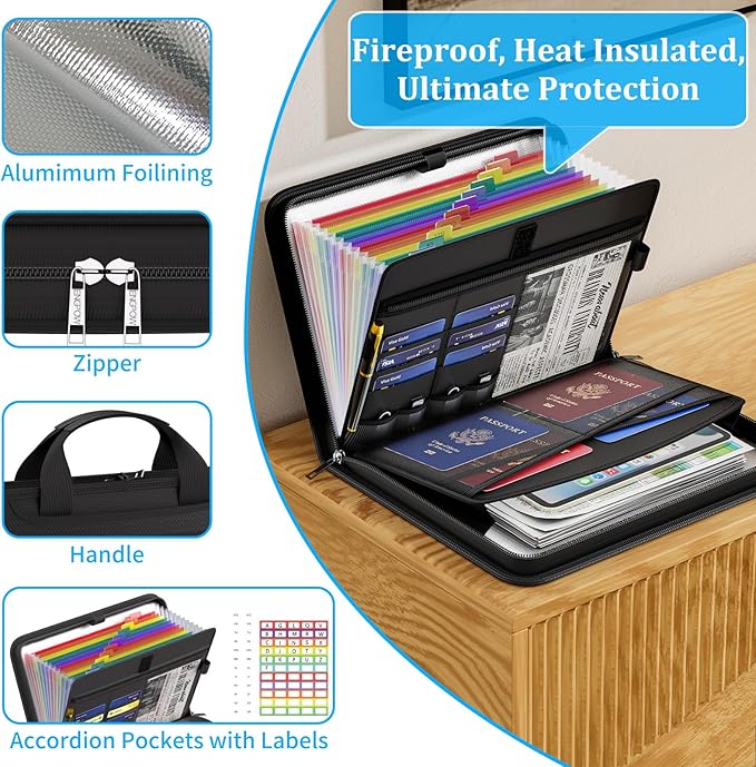ENGPOW Accordion File Organizer, Fireproof 5200°F Expanding File Folder with 13 Pockets Document Organizer with Handle & Labels, Portable Home Office Travel Safe Storage for Letter A4 Files, Black - Image 4