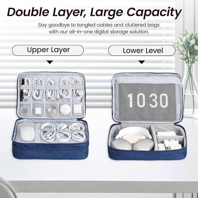 Electronic Organizer Travel Case, Double Layer Cable Organizer Bag | Double-layer design with adjustable dividers, mesh pockets and elastic loops for chargers, cables, power banks and gadgets - Image 4