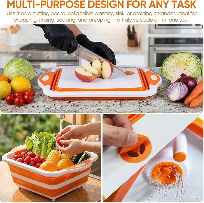 Collapsible BBQ Prep Tub with Lid, Foldable Camping Sink with Colander, Cutting Board, Dish Basin for Kitchen, Bowl, Vegetable and Fruit, Storage Basket for Picnic-Orange - Image 8