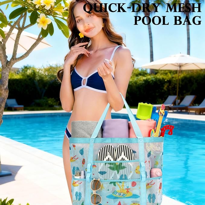 Fammart Mesh Beach Bag for Women, Large Beach Toy Pool Bag with Zipper Pocket, SandProof Cruise Essentials 2026 Family Travel - Image 2