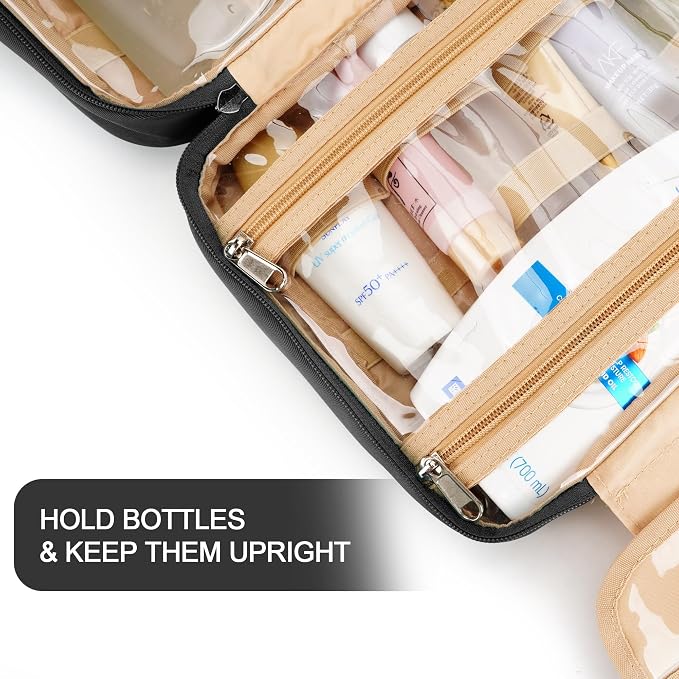 Travel Hanging Toiletry Bag for Women, with Jewelry Organizer Compartment, Medium Waterproof Hanging Makeup Accessories, Cosmetic Essentials, Toiletries Dopp Kit Set with Trolley Belt, Black - Image 7