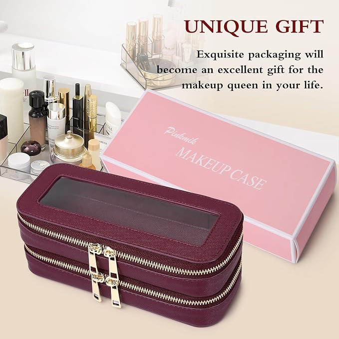 Pinkmik Double Layer Makeup Bag, Burgundy, Double SLIM | Makeup Brush Case, Waterproof, Travel Cosmetic & Toiletry Organizer - Image 7