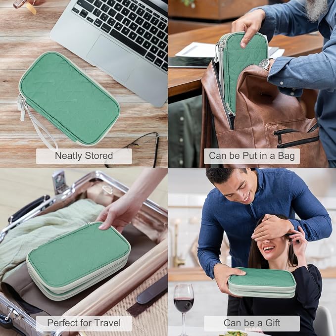FYY Electronic Organizer, Travel Tech Pouch Bag, Medium, Green Quilted | Wrist Strap, Waterproof, Double Layers Portable Electronics Travel Carrying Case for Cord, Charger, Daily Business Trips Use - Image 7