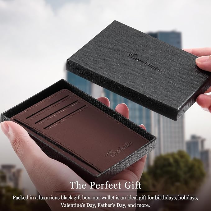 Travelambo 100% Genuine Leather Wallet for Men and Women, Slim Minimalist RFID Blocking Front Pocket Credit Card Holder with Gift Box(Brown 01) - Image 6