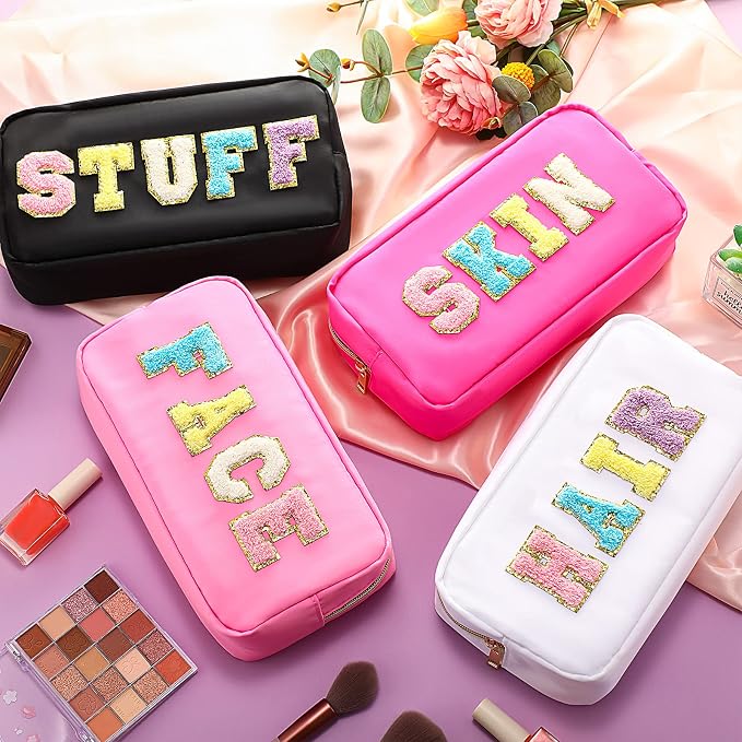 Preppy Makeup Bags Chenille Letter Stuff Bag Nylon Cosmetic Pouch Cases with Zipper for Women Travel Toiletry(Cute Color,Vivid,4 Pcs) - Image 2