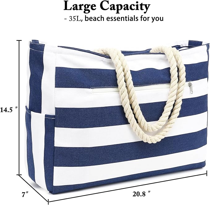 Fammart Beach Bags Waterproof Sandproof for Women, Large Canvas Pool Bag with Leakproof Wet Pocket & Zipper Cruise Essentials - Image 5