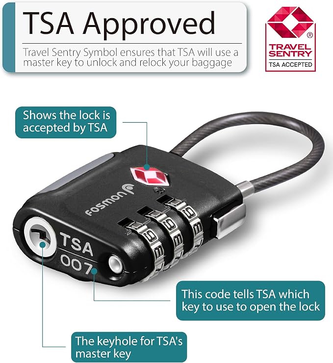 Fosmon TSA Approved Cable Luggage Locks, 3 Digit Combination, 1 Pack | Push Release Button, 3 Digit Long Shackle, Flexible Wire Lock, Suitcase Backpack Travel Padlock, Gun Case Lock - Image 2