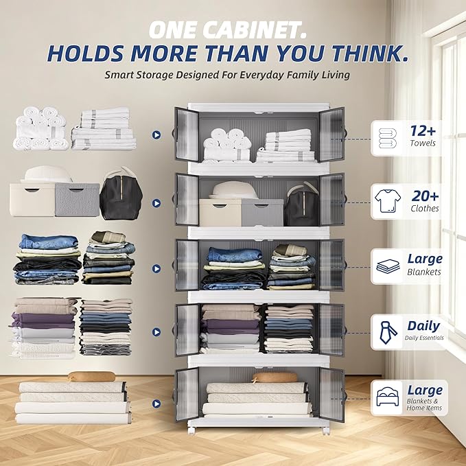 SAILUN 580Qt Stackable Storage Bins,Storage Cabinet Drawer with a Lid,White | Stackable Storage Drawers with Lids,26" W x 17" D x 71" H,Featuring open-front Access for Closet Storage - Image 5