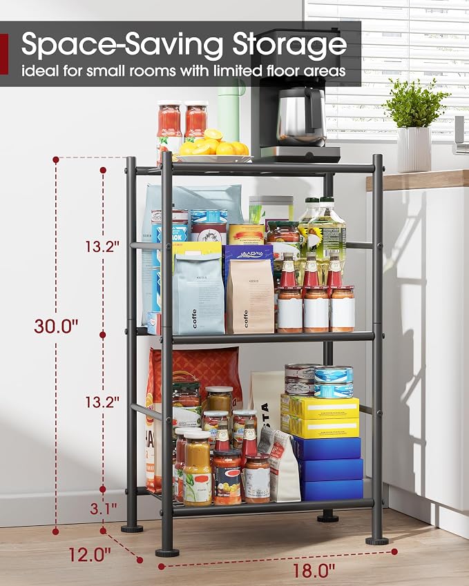 Sakugi Storage Shelves - 3 Tier Shelf Organizer, Sturdy Metal Garage Shelving with Adjustable Leveling Feet, Space-Saving Shelves Organizer for Pantry, Laundry, Kitchen (18" x 12" x 30", Black) - Image 2