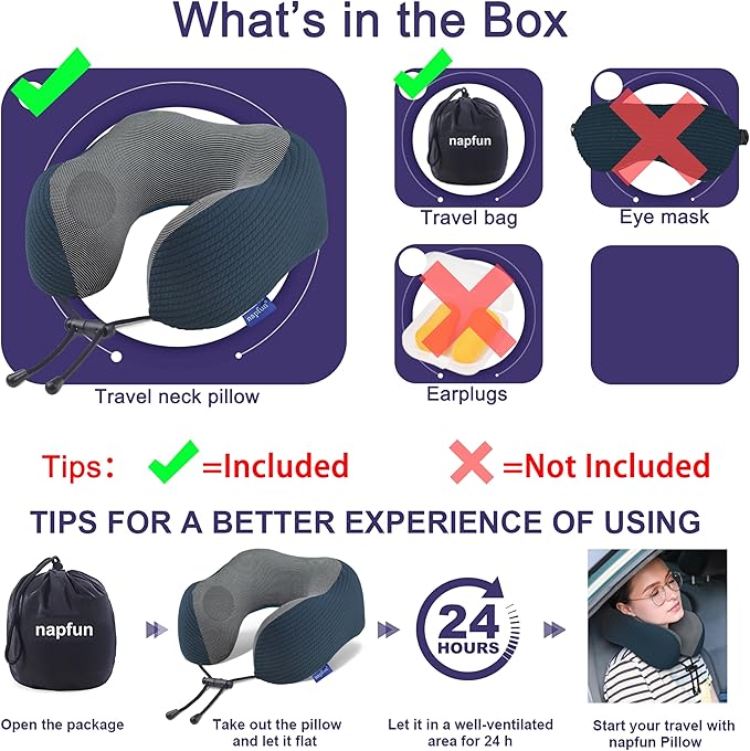 napfun Neck Pillow for Travel, Memory Foam Airplane Pillow, Deep Blue | 360° Neck Support, Upgraded 100% Memory Foam for Airplane, Car, Train, Bus, Office Sleep, Travel Essentials for Long Flights - Image 5