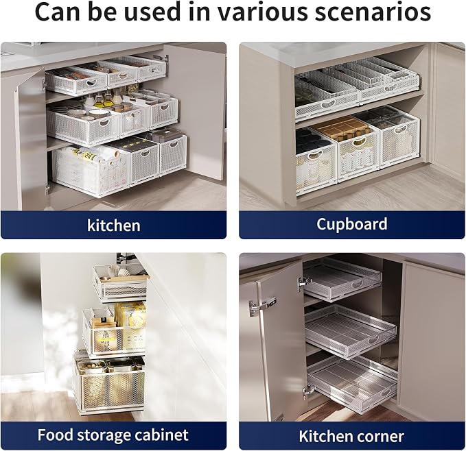 2 Pack Pull Out Cabinet Organizer, No Drill Adhesive Sliding Drawers for Kitchen, Metal Mesh Wire Storage Shelf for Pantry & Under Sink, White (9.6" W x 15.7" D x 3.9" H) - Image 7