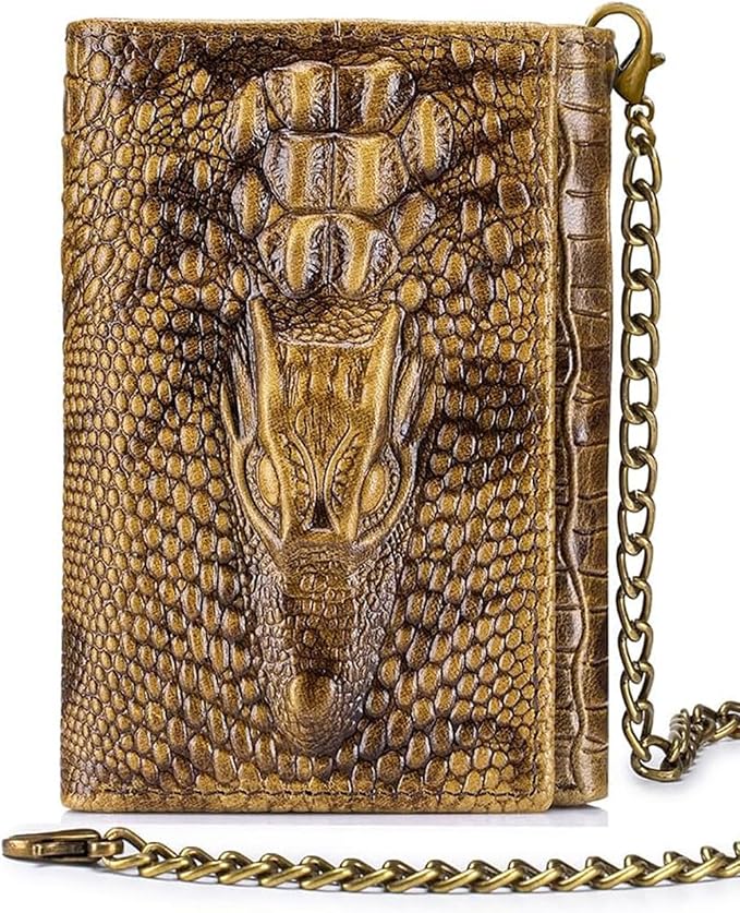 STEELLION Men's Trifold Wallet, Cowhide, 13 Card Slots, ID Window, RFID | Croc-embossed cowhide with a removable chain; practical organization for office, travel, and everyday carry (Brown) by STEELLION