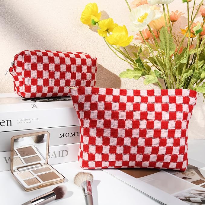 SOIDRAM 2 Pcs Checkered Makeup Bag Large Cosmetic Bag Toiletry Bag Makeup Pouch Travel Bag Organizer Cute Makeup Brushes Aesthetic Accessories Storage Bag for Women Red - Image 2
