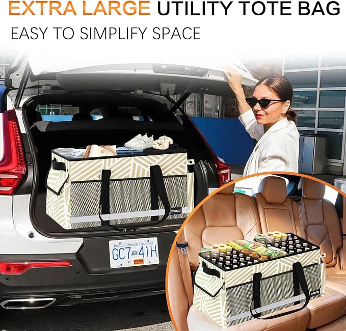 Extra Large Utility Tote Bag with Reflective Strip, Standing Reusable Grocery Bags with Hard Bottom, Collapsible Utility Tote with Handles for Shopping, Beach, Picnics, Car, Striped Gray - Image 8