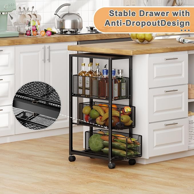 4 Tier Narrow Kitchen Rolling Cart, 9.1" Wide Slim Kitchen Storage Cart with Pull-Out Baskets, Adjust Pantry Organizer and Storage Cart with Wheels, Multifunctional Fruit Vegetable Spice Storage Cart - Image 3