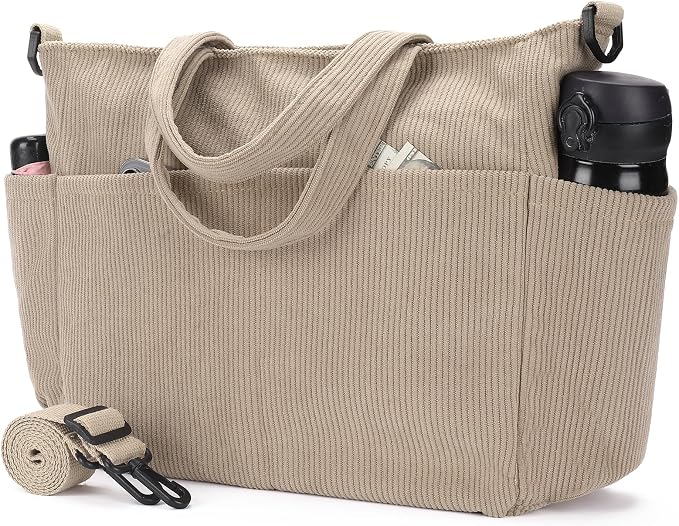 Corduroy Tote Bag for Women Crossbody Bags Lightweight Handbags Shoulder Bag with Zipper Pockets for Work Shopping by AMXNX