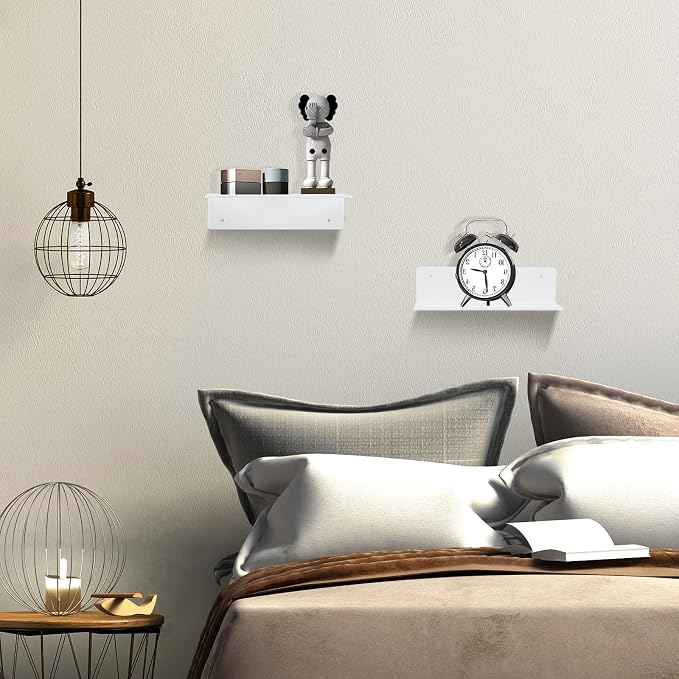 9 Inch Acrylic Floating Shelf No Drill Adhesive Wall Shelf Set of 2 for Funko Pop Storage, Floating Shelves Damage-Free Expand Wall Space for Living Room, Bathroom, Gaming Room, Office - White - Image 2