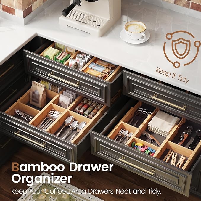 Bamboo Drawer Dividers 6 Pack with Inserts, Kitchen Adjustable Drawer Organizers for Home, Bedroom, Dresser, Expandable Organization 6 Dividers with 12 Inserts - Image 2