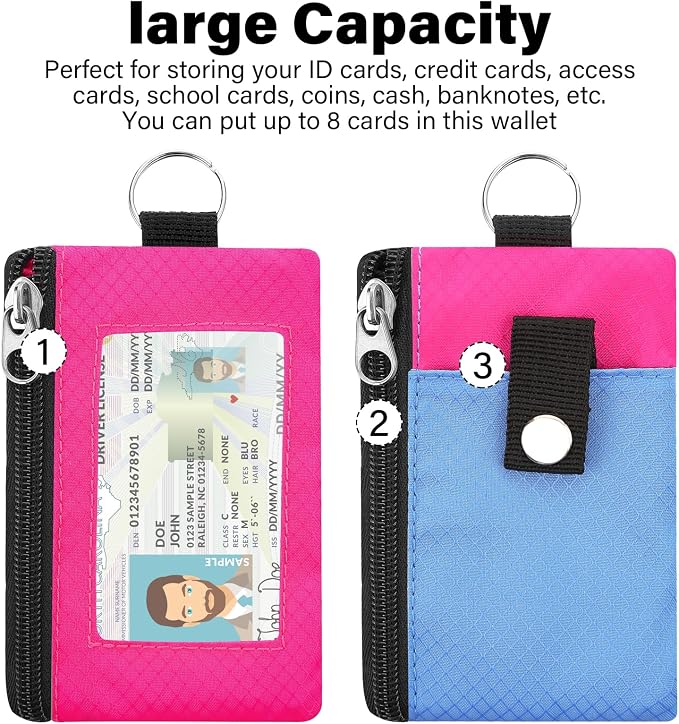 Minimalist RFID Blocking Wallet with 2 Zip Pockets and Lanyard, Water Resistant ID Case with Key Ring and Cards Badge Holder, Coin Purse Pouch for Men and Women Travel Sports -BU+ROSE - Image 2
