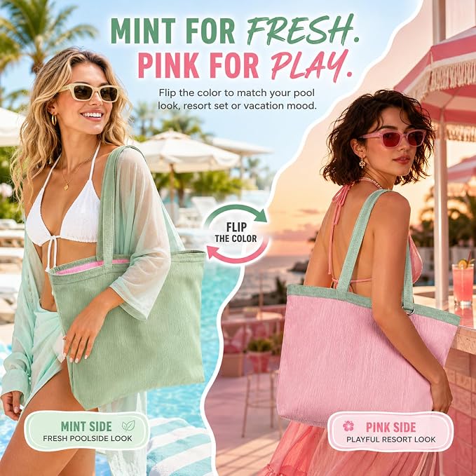 CYD Vacation Tote Bag for Women, Reversible Pink Green Beach Carryall | Vacation tote bag for women and pool bag for women with reversible style, outer pockets and soft packable comfort. - Image 7