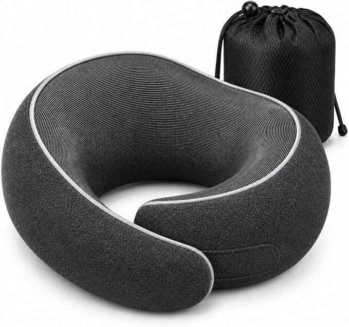 Travel Neck Pillow for Airplanes, Pure Memory Foam Neck Pillow with Washable Cover and Storage Bag, Ergonomic 360° Support for Sleeping, Car, Office, Home, Black by Unknown