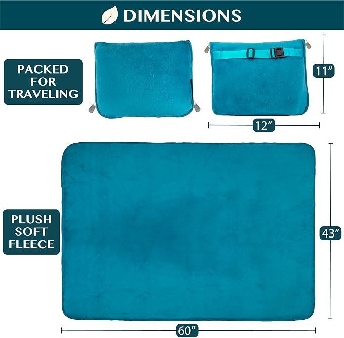PAVILIA Travel Blanket Pillow, Soft Airplane Blanket 2-IN-1 Combo Set, Plane Blanket Compact Packable, Flight Essentials Car Pillow, Travelers Gifts Accessories Luggage Backpack Strap, 60x43 Teal Blue - Image 6