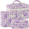 URSKYTOUS 3Pcs Cotton Quilted Makeup Bag for Women Girls Large Small Travel Portable Cosmetic Bag Set Cute Purple Floral Zipper Make Up Pouch Coquette Aesthetic Storage Toiletry Organizer Case by URSKYTOUS