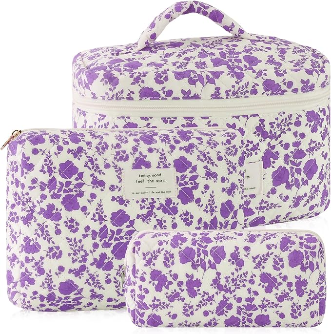 URSKYTOUS 3Pcs Cotton Quilted Makeup Bag for Women Girls Large Small Travel Portable Cosmetic Bag Set Cute Purple Floral Zipper Make Up Pouch Coquette Aesthetic Storage Toiletry Organizer Case by URSKYTOUS
