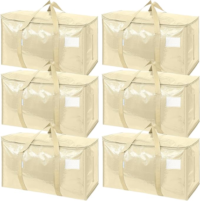 TICONN 6 Pack Extra Large Moving Bags Heavy Duty with Zippers & Carrying Handles, Durable Storage Bags Moving Boxes for Closet Organizers and Storage (6 Pack, Cream) by TICONN