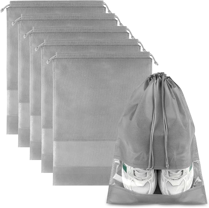 Grey Travel Shoe Bags - 5 Pcs Non-Woven Packing Bags with Clear Window | 15.7" x 11.8" Waterproof Dustproof Portable Travel Shoe Storage Bag for Men and Women by COIDEA