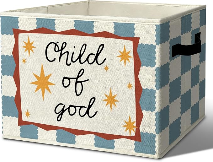 Christian Religious Cheerful Storage Bins Box with Handles Organizer Basket | farmhouse faith foldable basket for organizing, stars gingham collapsible toys clothes for playroom nursery bedroom, 10x14 in by Unknown