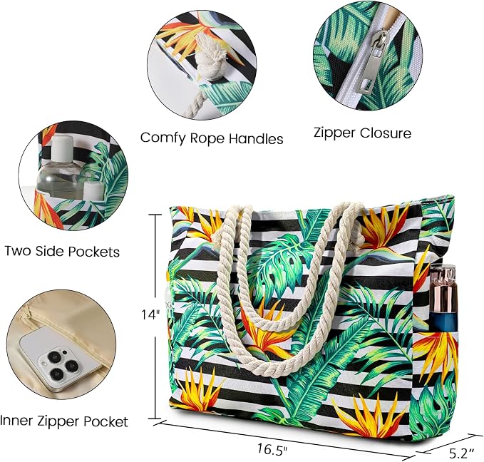 Clothirily Beach Bag for Women, Large Beach Tote Bag Waterproof with Zipper | Large Capacity Swim Pool Bag, Inner Pockets, Sandproof Foldable Beach Tote for Travel Essentials - Image 3