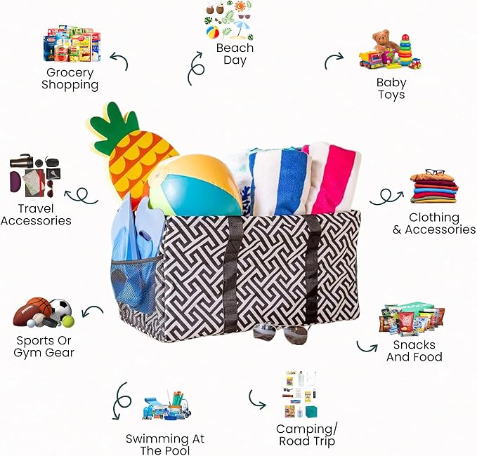 Extra Large Utility Tote Bag - Oversized Collapsible Reusable Wire Frame Rectangular Canvas Basket With Two Exterior Pockets For Beach, Pool, Laundry, Car Trunk, Storage - Geometrc Black - Image 3