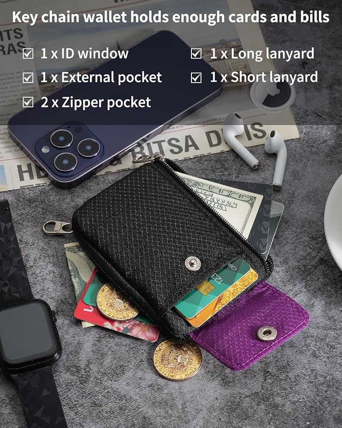 Artpaxy Minimalist Wallet For Mens Womens, Keychain RFID Blocking Zipper Small Wallet with ID Window 2 Lanyards,Water Resistant Travel Cash Card Coin Case Boys Girls - Image 6