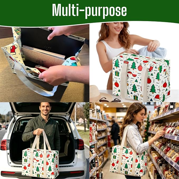 VENO 4 Pack Utility Tote Reusable Grocery Bags with Zipper & Hard Bottom | Heavy Duty Foldable Water-Resistant Shopping Bags for Summer Beach, Pool, Picnic & Travel Carry-on (Jingle Mix, 4 Pack) - Image 2