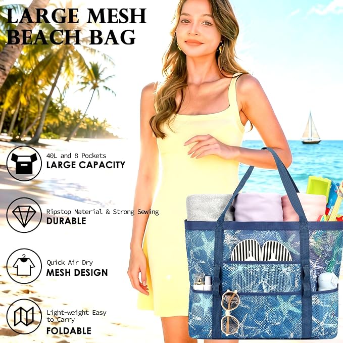 Fammart Mesh Beach Bag for Women, Large Beach Toy Pool Bag with Zipper Pocket, SandProof Cruise Essentials 2026 Family Travel - Image 3