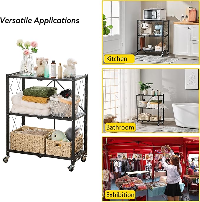 BRIAN & DANY 3-Tier Foldable Storage Shelves with Wheels, No Assembly Folding Shelf Metal Rack, Shelving Unit for Kitchen, Garage, Black - Image 5