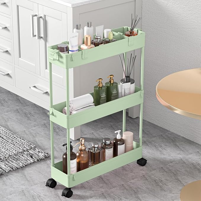 2-piece Set Slim Storage Cart 3 Tier,Bathroom Organizer Rolling Utility,Mobile Shelving Unit Slide Out for Office, Kitchen, Laundry Room & Narrow Places - Image 3