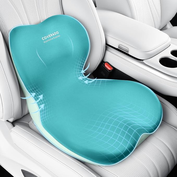 Coverado Car Seat Cushion and Lumbar Support Pillow One Piece, Memory Foam Ergonomic Back Support Driving Seat Cushion for Back Pain, Non-Slip Washable Cushion for Car, Driver, Office by COVERADOAUTO