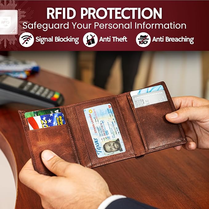 BULL GUARD Best Leather Men's RFID Trifold Wallet With ID Great Outdoor Wallet Durable Top Grain Leather Forest Brown, Double Cash Comparment with Secret Pocket, Compact & Secure Design, In Gift Box - Image 5