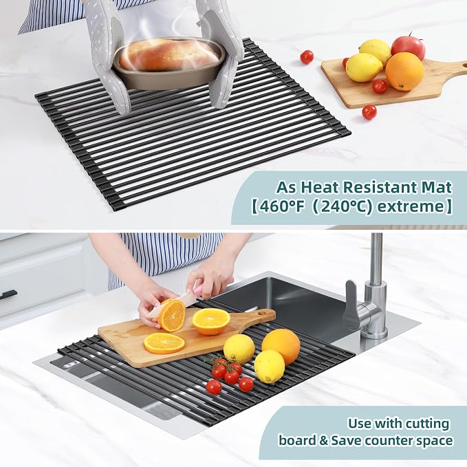 Ohuhu Over The Sink Dish Drainer Drying Rack, 17.6" W x 15.4" L Roll Up Dish Racks Kitchen Sink Organizer Silicone Wrapped Large in Sink Dish Drying Rack Foldable Rolling Drain Mats Anti-Slip - Image 3