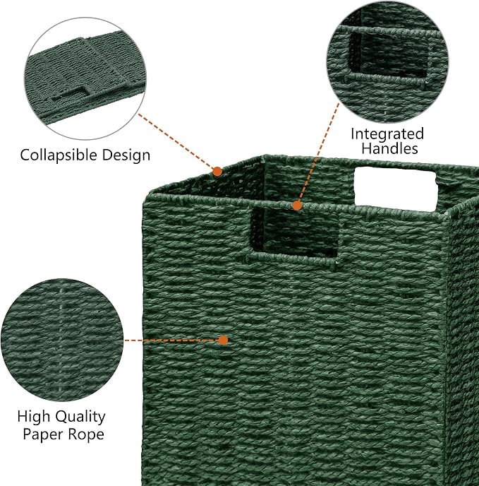 Wicker Storage Basket, Set of 2 Hand-Woven Paper Rope Wicker Basket, Foldable Cube Storage Bins, 9 inch Square Storage Baskets for Organizing Shelves & Decor, Green (9″×9″×9″) - Image 9