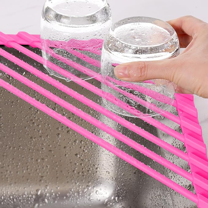 Tomorotec Roll Up Dish Drying Rack with Silicone Coating, Hot Pink | 304 Stainless Steel with BPA-Free Silicone, Triangle Design Maximizes Sink Corner Space, Fits Compact Kitchens And RVs - Image 2