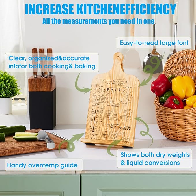 Housejoy Wooden Cookbook Stand for Kitchen: Adjustable Holder with 2 Aprons | Support Suspension&Foldable Easel Holder-Height Adjustable Stand-Measurement Conversion Chart-Ideal for Kitchen Counter - Image 4