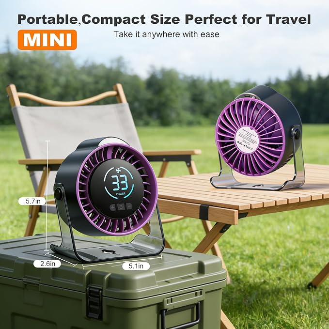 Portable Desk Fan - Rechargeable Small Fan with Night Light for Travel | 100 Speed Adjustable (Long Press) | LED Display | 7 Blades Quiet Motor | 12H Battery Life | Office & Bedroom Use - Image 2