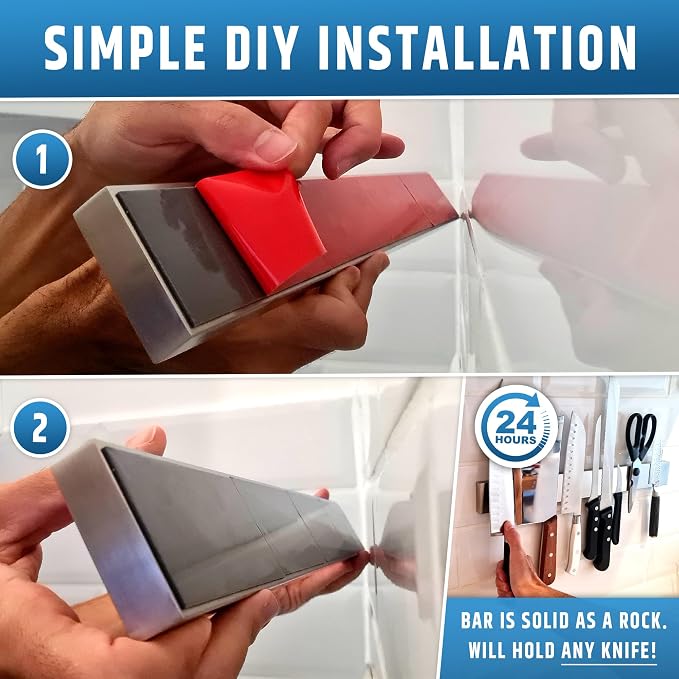 17" Strong Adhesive (No Drill) Magnetic Knife Holder for Wall - Professional Knife Strip - No Screws Needed - Adhesive Backing - Stainless Steel Knife Bar (Upgraded Version – Will Not Fall) - Image 4