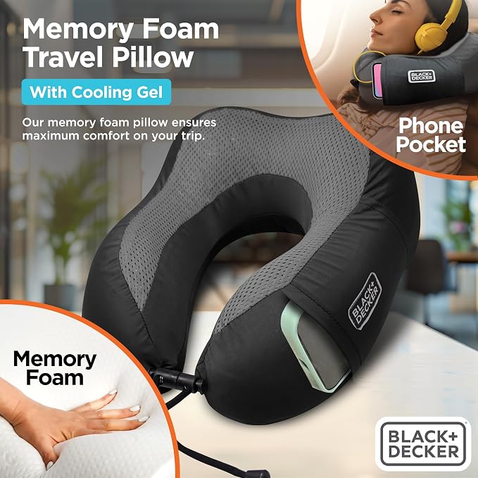 BLACK+DECKER Cooling Gel Memory Foam Neck Pillow – Travel Pillow for Plane, Car & Train – Ergonomic Neck Support, Slow Rebound Memory Foam, Washable Cover, Universal Fit, Black - Image 2