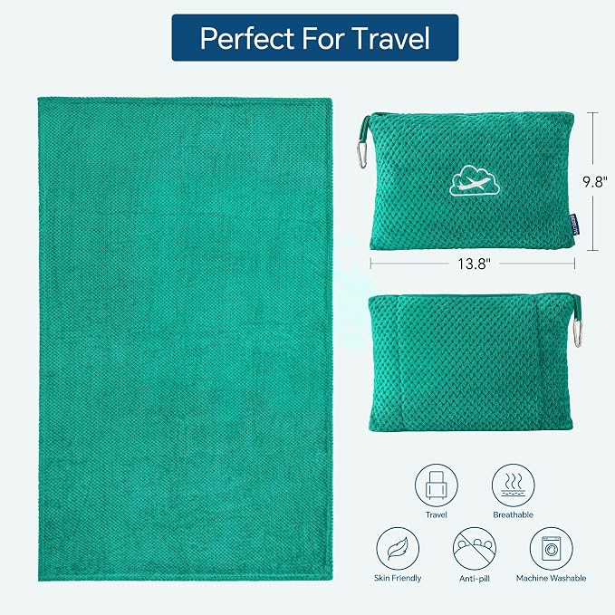 BEDELITE Travel Blanket with Bag, Jacquard Fleece Blanket 65"x40", Teal | Ultra-soft Airplane Blanket, Luggage Sleeve & Backpack Clip, Travel Essentials for Women, Foldable as Pillow for Long Flight - Image 3