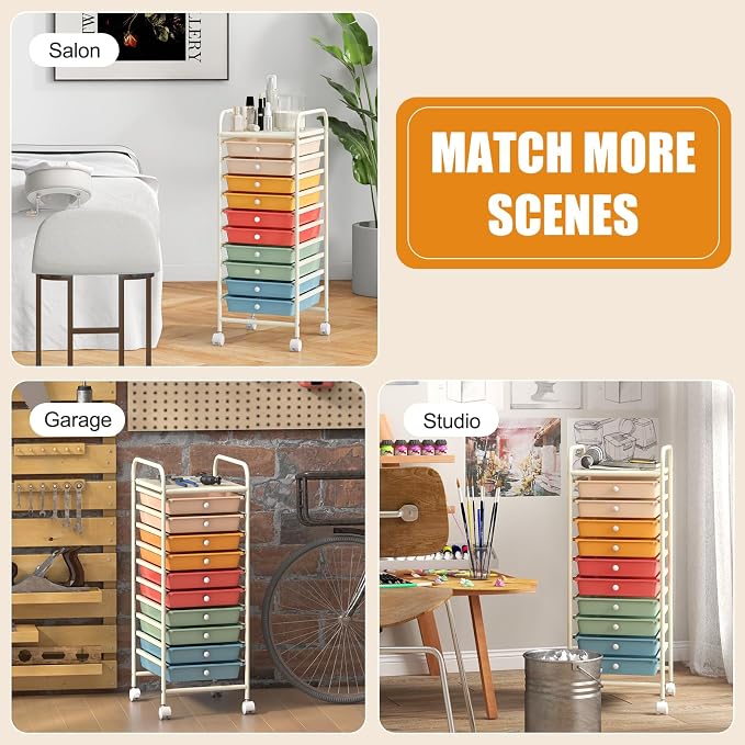 HOMGX Storage Cart with 10 Drawers, 10 Tiers Rolling Drawer Cart with 2 Lockable Wheels, Slim Rolling Storage Cart for Office/School/Home, Macaron - Image 3